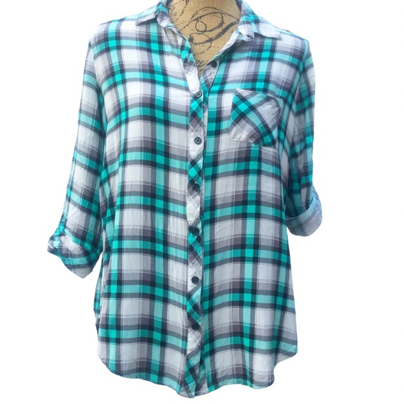 BONGO Green White Plaid 3/4 Pin Up Sleeve Button Up Shirt Sz L - Picture 6 of 10